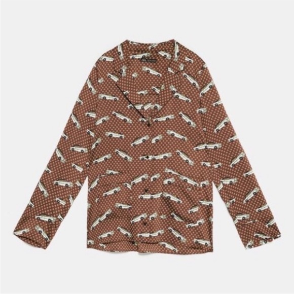 Zara brown PJ style top with vintage car print - Picture 3 of 8